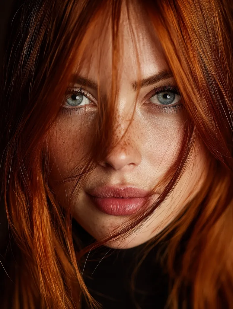 Close-up portrait of a young woman with vibrant red hair and freckles.  Her hair partially obscures her face, emphasizing her captivating green eyes and full lips.  The soft lighting highlights her complexion and the texture of her hair. She is wearing a dark turtleneck. The overall mood is intimate and alluring.