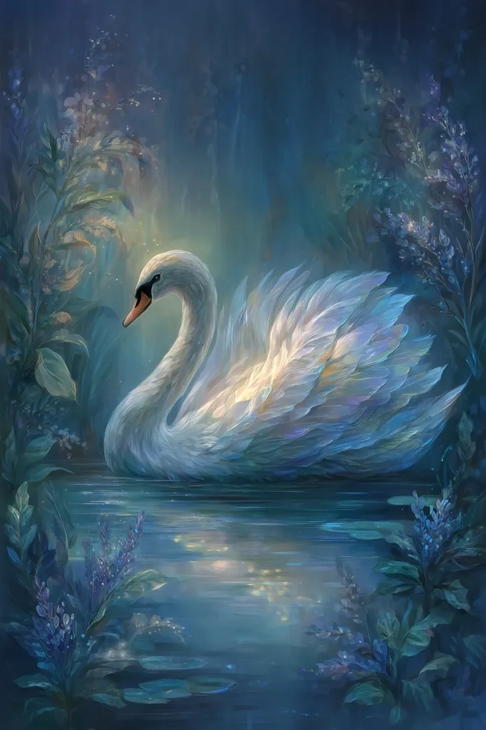 A serene painting depicts a graceful white swan gliding on a tranquil, ethereal blue lake.  Surrounding the swan are luminous purple flowers and lush foliage, creating a mystical atmosphere. The swan's feathers appear iridescent, catching the soft light. The overall mood is peaceful and magical, evoking a sense of wonder and tranquility.