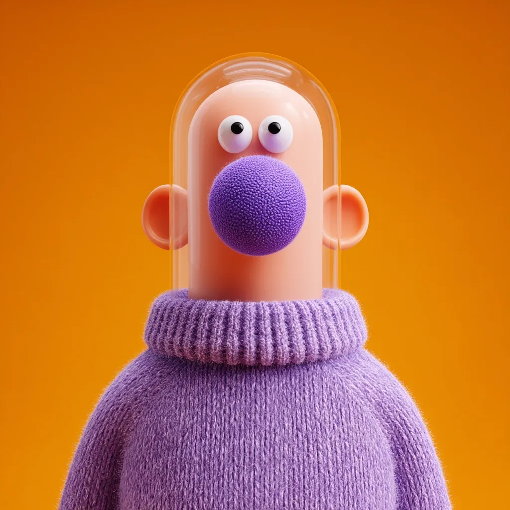 A whimsical 3D-rendered character is depicted.  Its head is encased in a clear dome, revealing large, expressive eyes and a prominent purple nose.  The character wears a lavender turtleneck sweater against a vibrant orange background.  The style is cartoonish and playful, emphasizing exaggerated features for comedic effect.