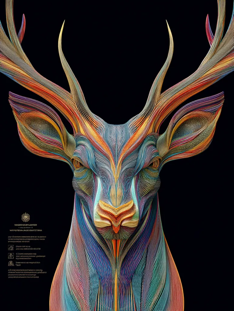 A vibrant, stylized deer's head dominates the image, rendered in a multitude of interwoven, colorful lines creating a layered, textured effect.  The antlers are large and intricately detailed, mirroring the complexity of the face. The background is a stark black, which accentuates the deer's vivid colors and intricate design.  The overall style is artistic and abstract, resembling a digitally crafted sculpture.