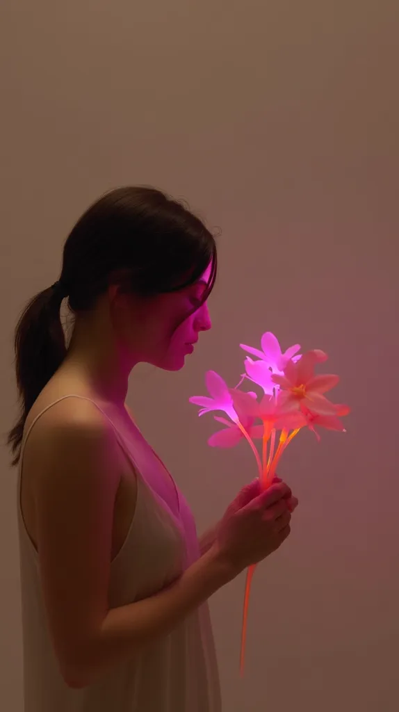 A young woman with dark hair tied back in a ponytail, wears a light-colored slip dress. She gently holds a bouquet of glowing pink flowers, her face illuminated in a soft pink light. The background is a muted beige, emphasizing the vibrant color of the flowers and the woman's gentle pose. The overall mood is serene and dreamlike.