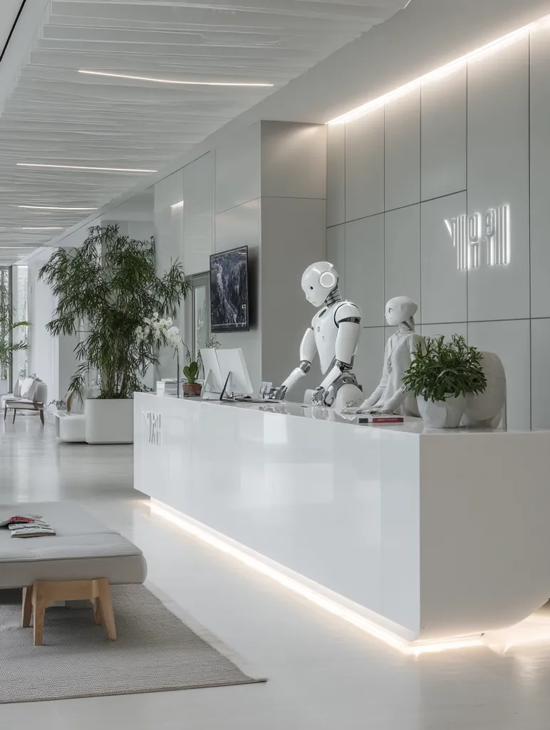 A minimalist white reception area features two white robots standing at a sleek, white reception desk.  Potted plants add a touch of green to the otherwise stark white space.  The ceiling incorporates linear lighting, enhancing the modern aesthetic.  The overall design is clean, bright, and technologically advanced.