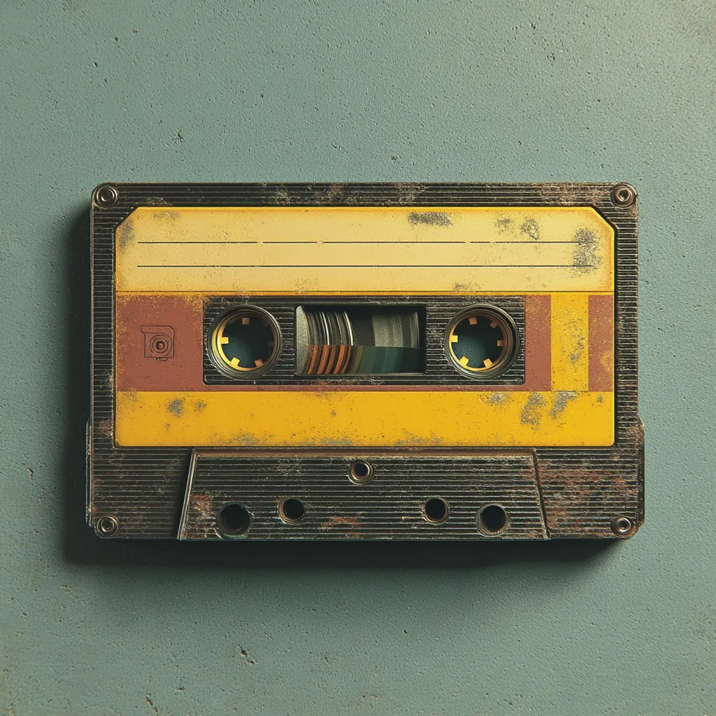 A weathered, yellowed audio cassette tape rests against a teal textured background.  The tape shows signs of age and wear, including rust and discoloration on its plastic casing. The visible tape inside is partially obscured, hinting at its faded contents.  The overall image evokes a sense of nostalgia for a bygone era of music.