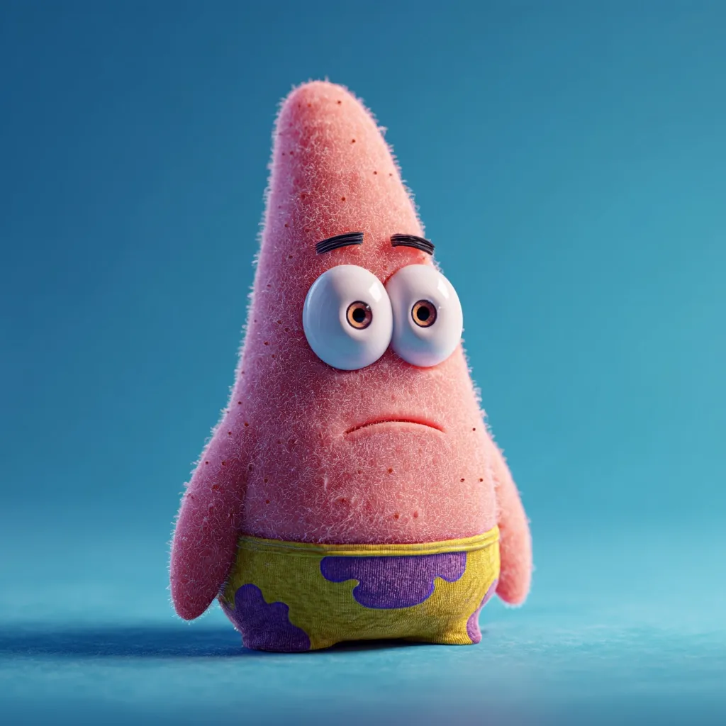 A 3D rendered image of Patrick Star from SpongeBob SquarePants.  He's depicted with a slightly fuzzy, pink texture and his signature large eyes. Patrick has a melancholic expression, appearing somewhat sad or worried. He is wearing his typical yellow and purple shorts, standing against a solid light blue background.  The overall style is cute and slightly surreal.