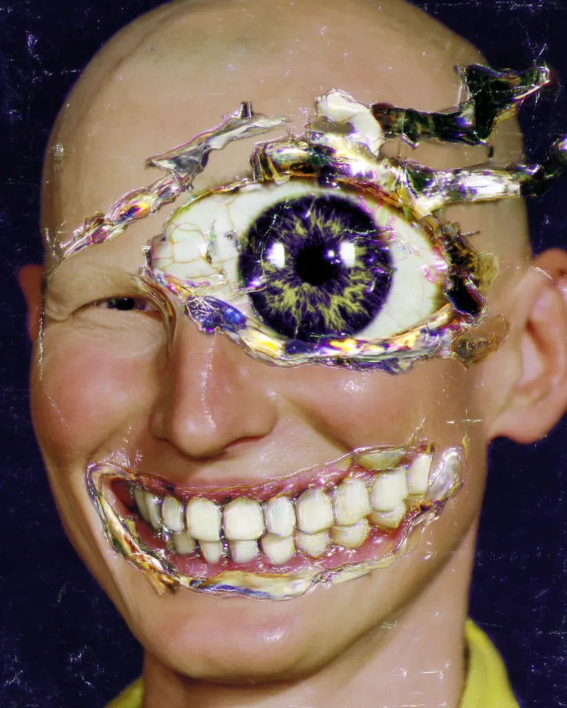 A surreal digital artwork depicts a bald man's face partially obscured by a transparent, iridescent material.  A large eye, vibrant purple and yellow, is prominently featured within the material overlaying his face. The material also covers his mouth, revealing a wide, unsettling grin beneath. The overall effect is one of unsettling beauty and technological distortion.