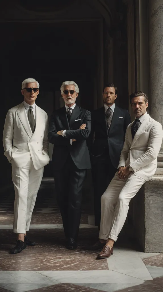 Four stylish men stand in a grand hallway. Two wear crisp white linen suits, one with sunglasses, the other without.  The other two are in dark suits, one older with gray hair, the other younger. They exude sophistication and timeless elegance, their attire showcasing refined taste. The setting enhances the overall aura of opulence and classic style.