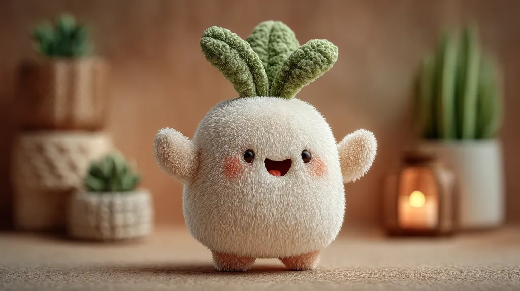 A fluffy, adorable radish character with a cheerful expression stands in the foreground.  Its arms are raised, suggesting joy.  The background features blurred images of small potted succulents and a softly lit lantern, creating a warm and cozy ambiance. The radish toy is the clear focal point of the image, its texture and expression emphasizing its cuteness.