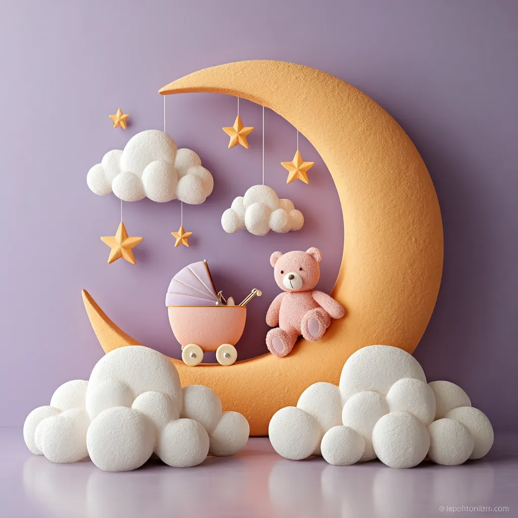 A whimsical 3D rendering depicts a crescent moon, pale orange, adorned with a pink teddy bear and a baby carriage.  Small, fluffy clouds and golden stars hang from the moon against a lavender background.  Additional clouds rest on the floor, creating a dreamy, nursery-themed scene.  The overall style is soft, sweet, and evokes feelings of comfort and tranquility.