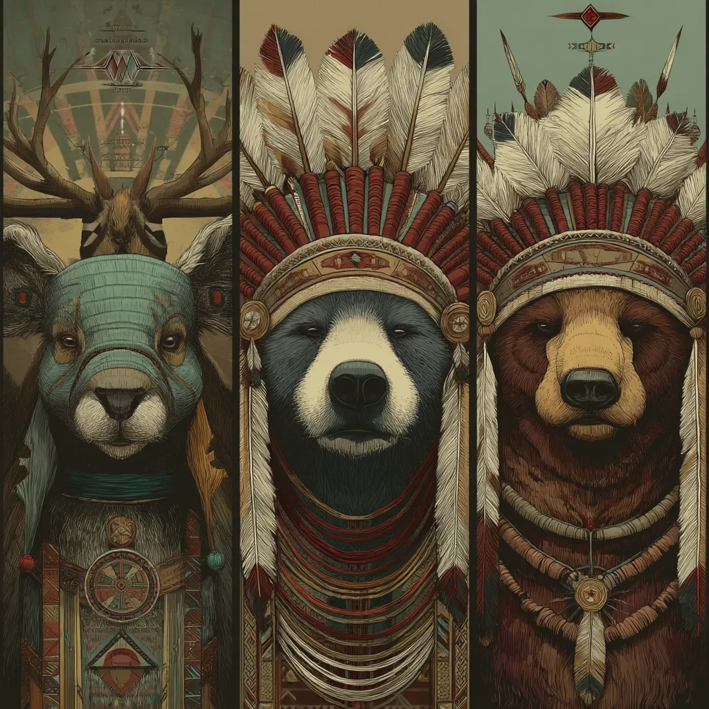 A triptych features stylized animal portraits adorned with Native American headdresses.  On the left, a deer-like creature wears a turquoise mask. The center panel depicts a black bear, and a brown bear is shown on the right.  Each headdress is richly detailed with feathers and intricate beadwork. The artwork blends animal imagery with cultural symbolism in a detailed, almost graphic-novel style.