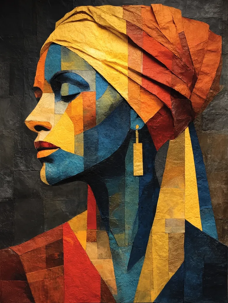 A vibrant, cubist-style portrait of a woman wearing a colorful headwrap.  The artwork is constructed from textured, multi-colored paper pieces creating a mosaic effect.  Warm oranges, yellows, and reds contrast with cool blues and dark browns, depicting the woman's face and shoulders in profile.  The style is bold and geometric, with a focus on shape and color.  A gold earring adds a subtle detail.