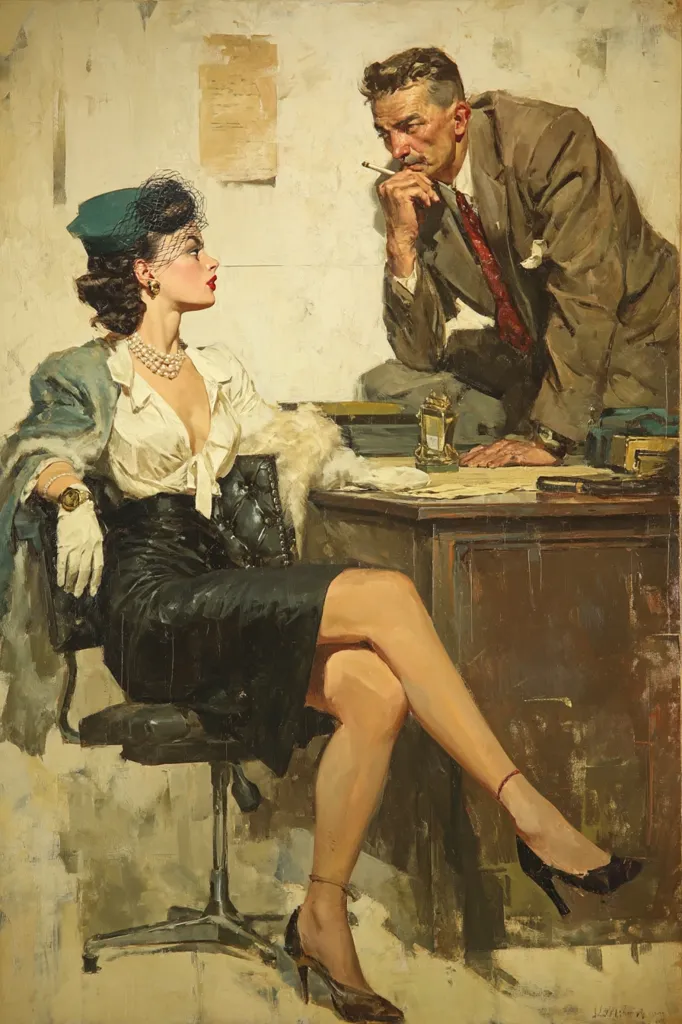 A painting depicts a stylish woman in a dark dress and hat seated in an office chair, facing a man in a suit who sits at a desk, thoughtfully smoking.  The woman's attire is sophisticated, and her pose suggests a sense of confidence. The man's expression is contemplative, creating a scene of intrigue and unspoken tension. The overall style evokes mid-20th-century illustration.