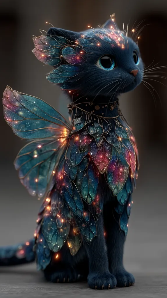 A digital rendering depicts a dark blue cat adorned in iridescent, butterfly-like wings and scales.  Glowing lights subtly illuminate the intricate design, creating a magical, ethereal effect. The cat's large, expressive blue eyes add to its enchanting and whimsical appearance. The overall aesthetic is fantasy-inspired, suggesting a creature of myth or legend.