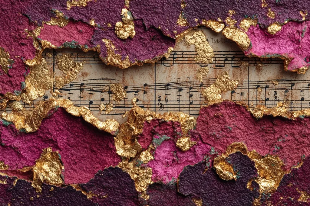 A fragment of aged sheet music is partially visible through a heavily textured, cracked surface.  The surface is predominantly deep pink and purple, with accents of gold leaf applied throughout the cracks and crevices, creating a rich, layered effect. The contrast between the delicate music and the rough, decaying texture is striking, suggesting themes of time, memory, and the enduring power of art.