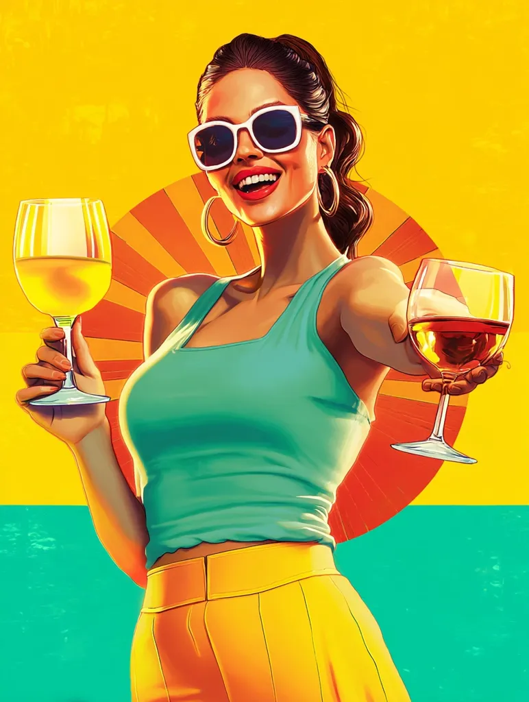 A stylish woman with sunglasses and a teal tank top holds a glass of white wine in one hand and a glass of red wine in the other.  She is smiling brightly against a vibrant yellow and teal background featuring a sunburst design.  Her yellow high-waisted pants and confident pose evoke a summery, carefree attitude. The illustration is in a retro pop art style.