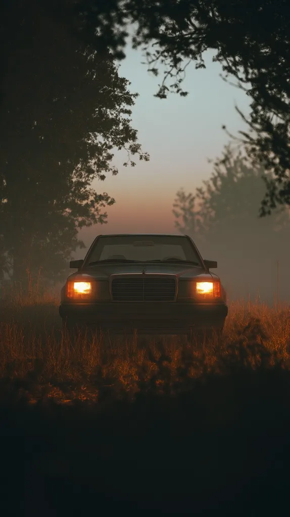 A vintage Mercedes-Benz sedan sits in a field, its headlights illuminating the misty dawn.  The car is framed by dark, silhouetted trees, creating a moody and atmospheric scene.  The soft light of the rising sun casts a warm glow on the surrounding grass.  The overall image evokes a sense of mystery and quiet solitude.