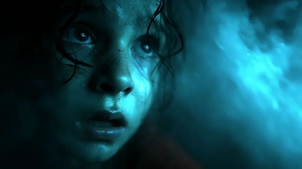 Close-up of a child's face, partially obscured by dark hair and a teal-colored, ethereal mist.  The child's expression is one of apprehension or fear, their eyes wide and mouth slightly open.  The overall mood is dark and mysterious, suggesting a scene of suspense or unease. The lighting is dramatic, highlighting the child's features against the blurry background.