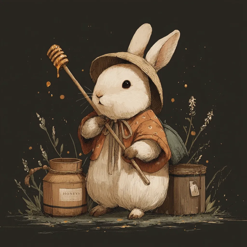 An adorable white rabbit, wearing a straw hat and orange jacket, stands in a dark forest setting. It carries a honey dipper and a small backpack.  A honey pot sits beside it, along with a wooden container.  The scene is rendered in a soft, vintage style with muted colors and delicate details, evoking a whimsical, fairytale atmosphere.