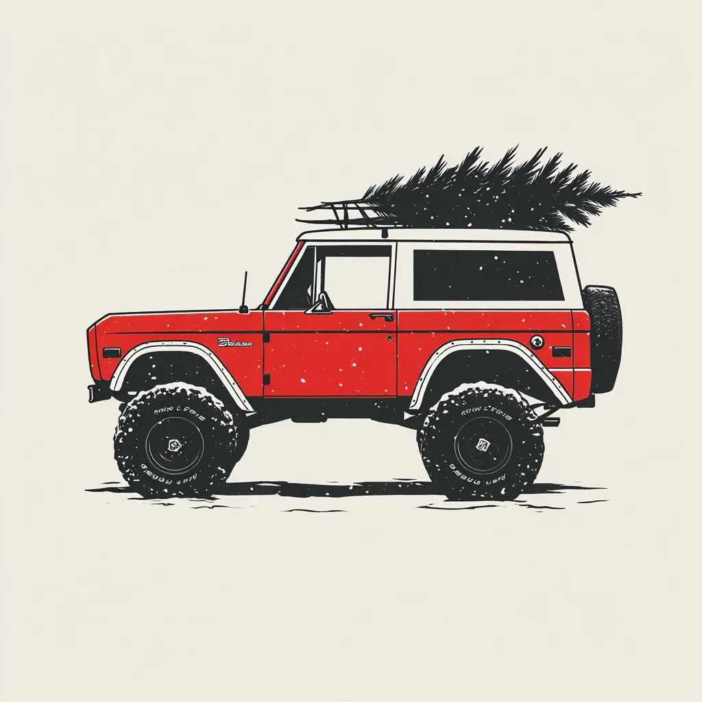 A red Ford Bronco, adorned with a Christmas tree secured to its roof rack, is depicted in a side profile view.  The illustration style is vintage, with a textured effect suggesting snow on the vehicle and ground.  Large off-road tires and a snowy backdrop enhance the wintery feel. The Bronco is shown on a light beige background.