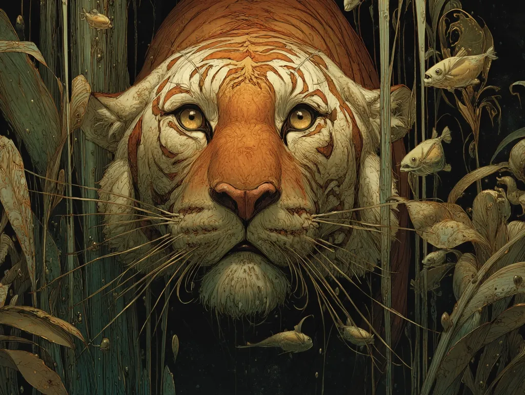 A detailed close-up depicts a tiger's face, its orange and white fur textured with meticulous detail.  The tiger's intense gaze is directed at the viewer, its whiskers prominent. The background is a dark, aquatic scene with stylized plants and small fish, creating a mystical, almost surreal atmosphere. The overall style is reminiscent of fantasy art with a focus on realism in the tiger's features.