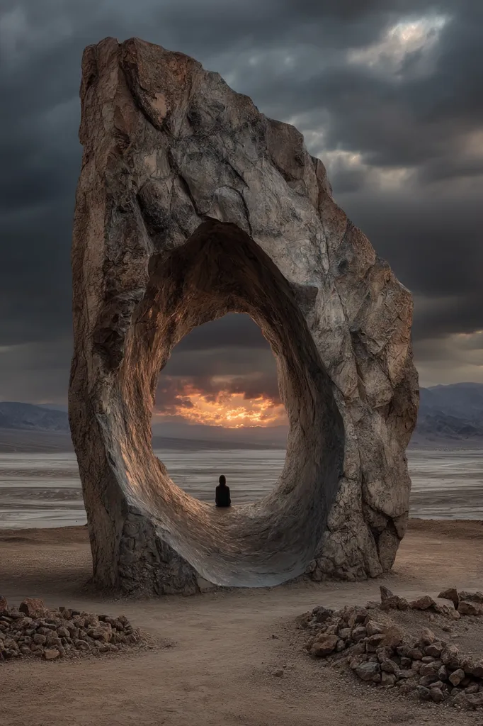 A solitary figure sits within a large, naturally formed rock archway. The opening frames a breathtaking sunset over a vast, flat desert landscape under a dramatic, cloudy sky. The scene evokes a sense of peace and solitude amidst the grandeur of nature. The rock's texture and the warm sunset hues create a striking contrast against the cool tones of the sky and the barren desert.