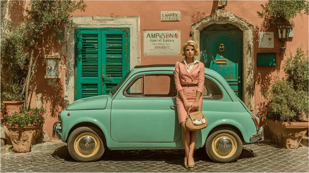 A stylish woman in a pastel pink suit and matching heels stands beside a mint green Fiat 500 parked on a cobblestone street in front of a vintage building with teal shutters.  The scene is bathed in warm sunlight, creating a nostalgic and charming Italian ambiance.  The woman carries a light beige handbag.  The overall aesthetic is retro and sophisticated.