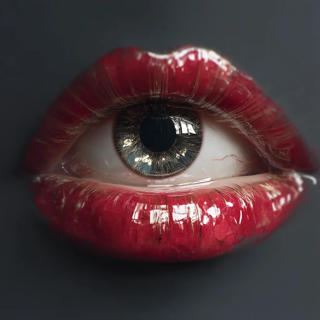 A close-up reveals a single eye, strikingly positioned within a pair of glossy, crimson lips. The eye, detailed with fine lashes and a reflective pupil, contrasts sharply with the vibrant red. The image is surreal and intriguing, the juxtaposition of the eye and lips creating a captivating visual effect. The overall tone is dark and dramatic, enhancing the mysterious quality of the composition.