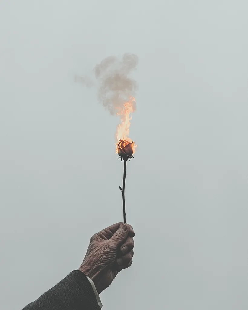 A weathered hand, clad in a dark suit sleeve, delicately holds a burning rose against a muted sky.  Smoke curls upwards from the fiery bloom, creating a dramatic contrast against the pale background. The image evokes themes of impermanence, loss, and perhaps a final, poignant gesture.