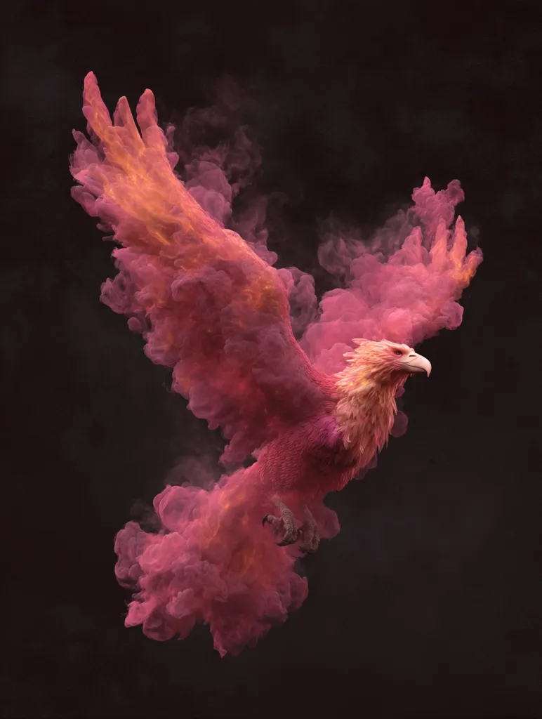 A digital rendering depicts a majestic bird of prey, seemingly composed of vibrant pink and orange smoke. Its wings are outstretched in mid-flight against a stark black background.  The bird's form is detailed, with sharp talons and a regal head, contrasting with the ethereal, smoky texture of its body. The overall effect is one of both power and otherworldly beauty.