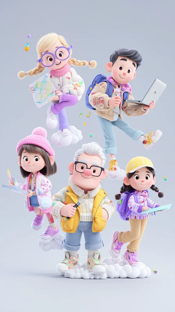 Five adorable cartoon children are playfully arranged on fluffy clouds.  A girl with blonde pigtails holds a map, a boy uses a laptop, and two girls carry smaller maps and backpacks.  An older man with glasses stands centrally, holding a pencil, overseeing the group.  Their bright clothes and cheerful expressions create a whimsical, joyful scene.