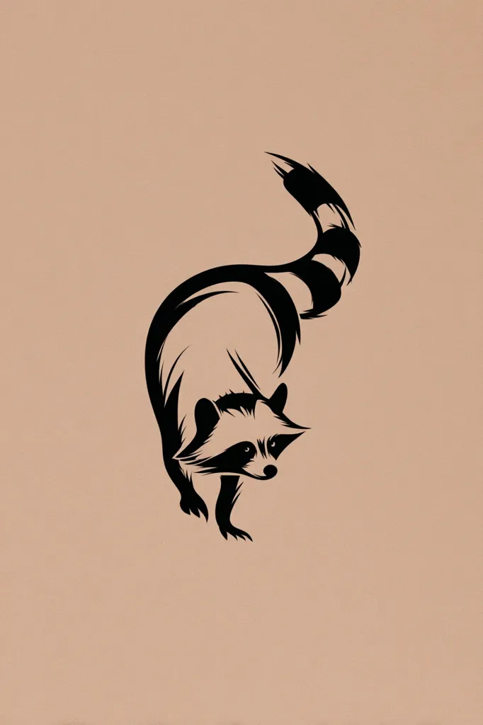 A stylized black silhouette of a raccoon is set against a light brown background.  The raccoon is depicted in a dynamic pose, its bushy tail arched high, and its body slightly curved. The design is minimalist, emphasizing clean lines and a simple form, creating a modern and elegant aesthetic.  The image would be suitable for a logo, print, or tattoo.