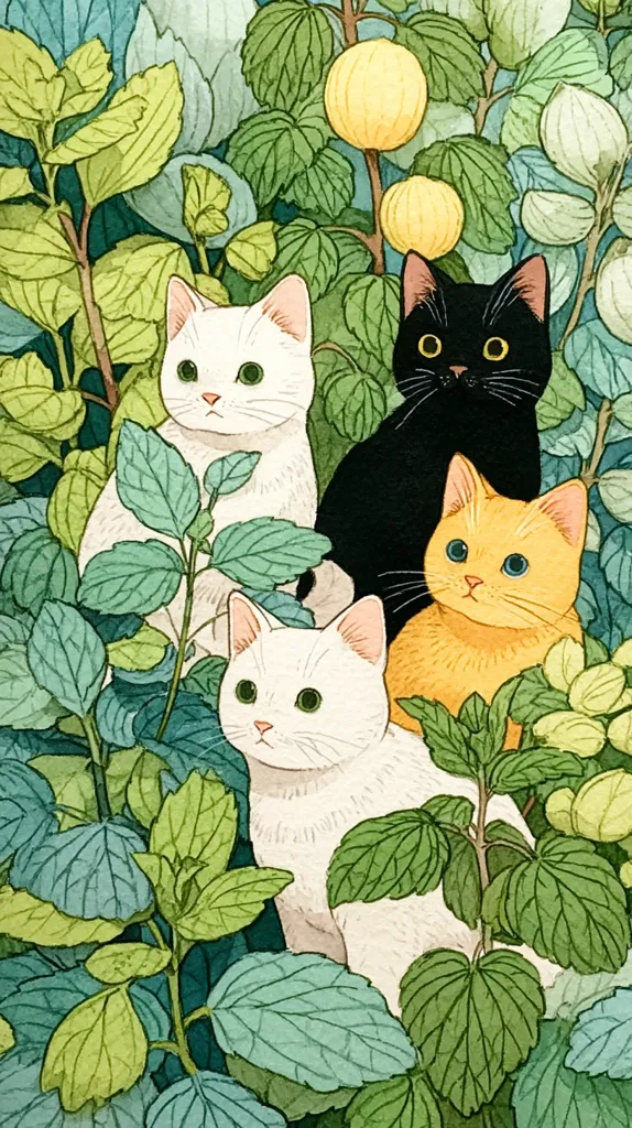 A charming watercolor painting depicts four kittens nestled amidst lush greenery.  Two white kittens, one slightly behind the other, are positioned next to a black kitten and an orange kitten.  The foliage is vibrant with varying shades of green, and pale yellow flowers add a touch of color.  The kittens' expressions are serene, creating a peaceful and idyllic scene.