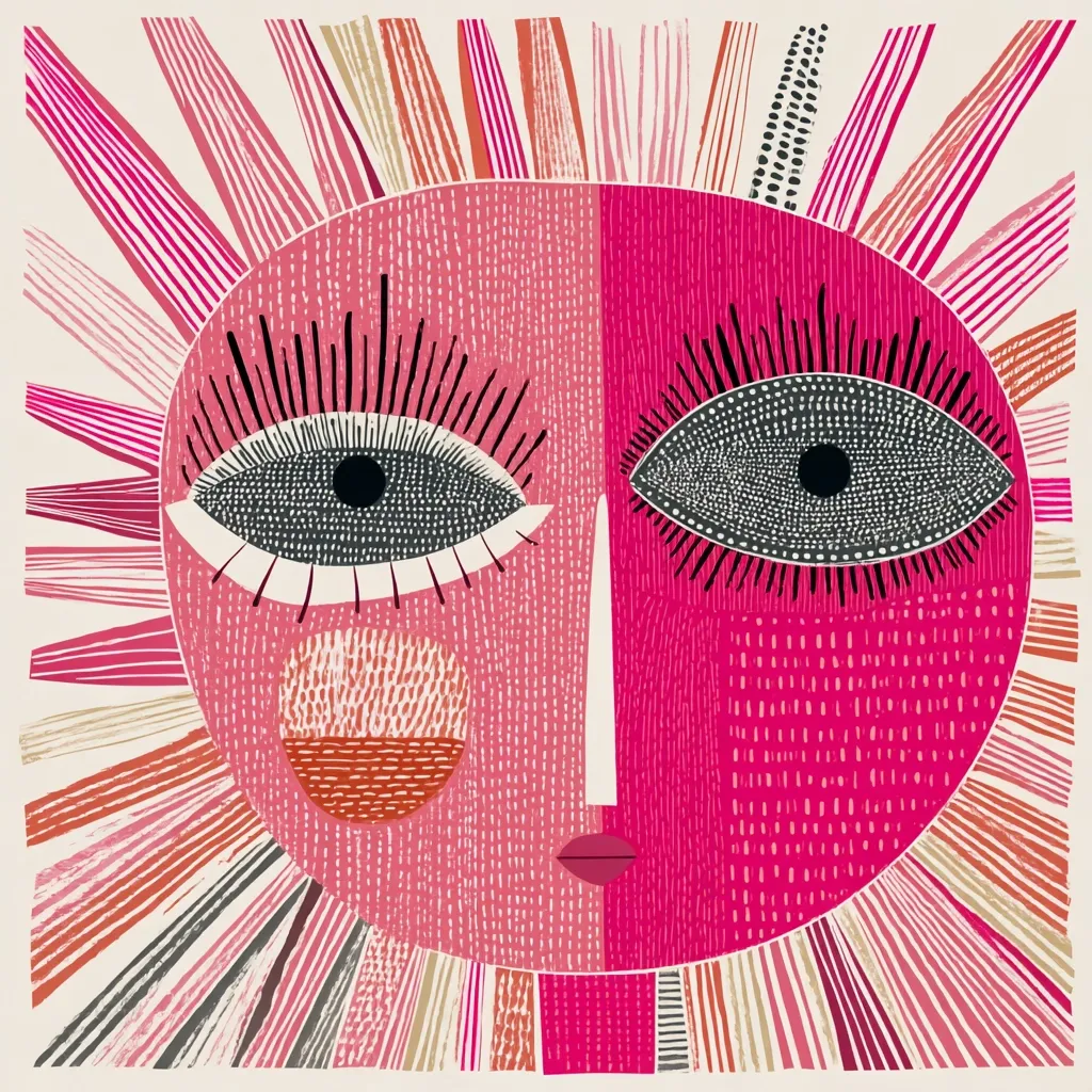 A stylized sun face, divided into pink and fuchsia halves, dominates the artwork.  Large expressive eyes with textured pupils and long lashes are prominent features. The sun's rays are depicted as radiating lines in varying shades of pink and coral, creating a vibrant and textured effect.  The overall style is bold and graphic, reminiscent of mid-century modern design.