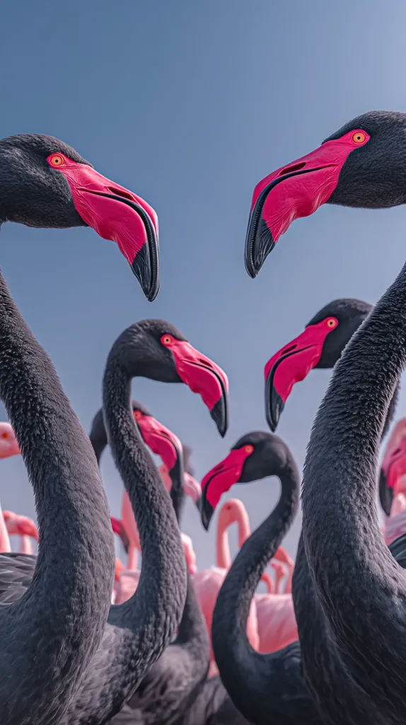 A close-up view of a flock of flamingos, with a striking contrast between several black flamingos with vibrant pink beaks and a group of traditional pink flamingos in the background. The image is sharply focused on the black flamingos in the foreground, highlighting their dark plumage and bright beaks against the clear blue sky. The composition creates a visually interesting interplay of color and texture.
