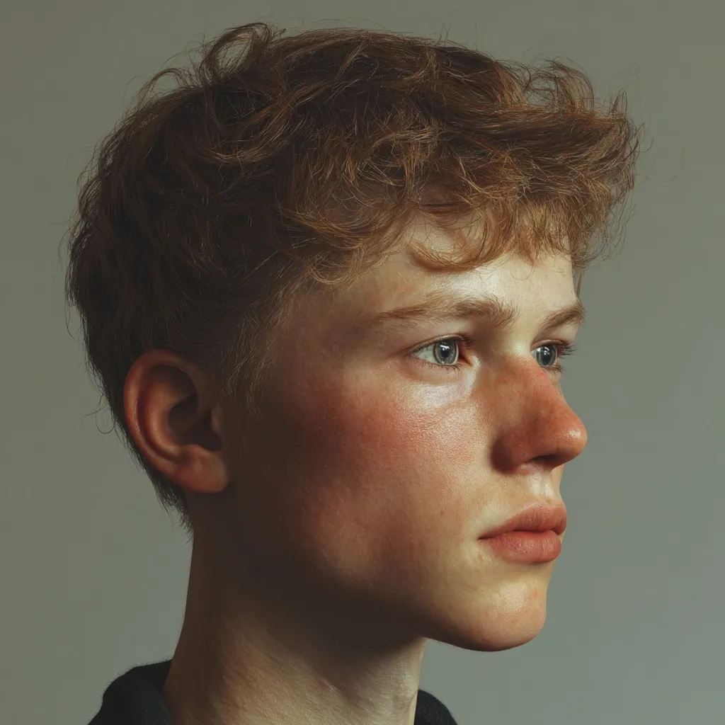 Close-up profile of a young man with light, freckled skin and curly, light brown hair.  His blue-green eyes are visible, and his expression is serious and contemplative.  The lighting highlights his cheekbones and the texture of his skin. He appears to be wearing a dark-colored collared shirt.