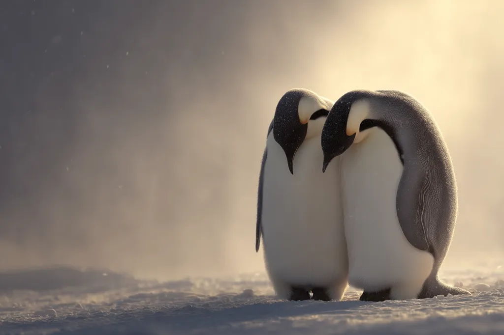 Two emperor penguins huddle close together in a snowy, sunlit landscape.  The soft light illuminates the penguins' fluffy feathers, creating a serene and intimate scene.  They stand on a pristine white expanse of snow, seemingly sheltered from the elements by their closeness.  A gentle haze or snowfall adds to the peaceful atmosphere.