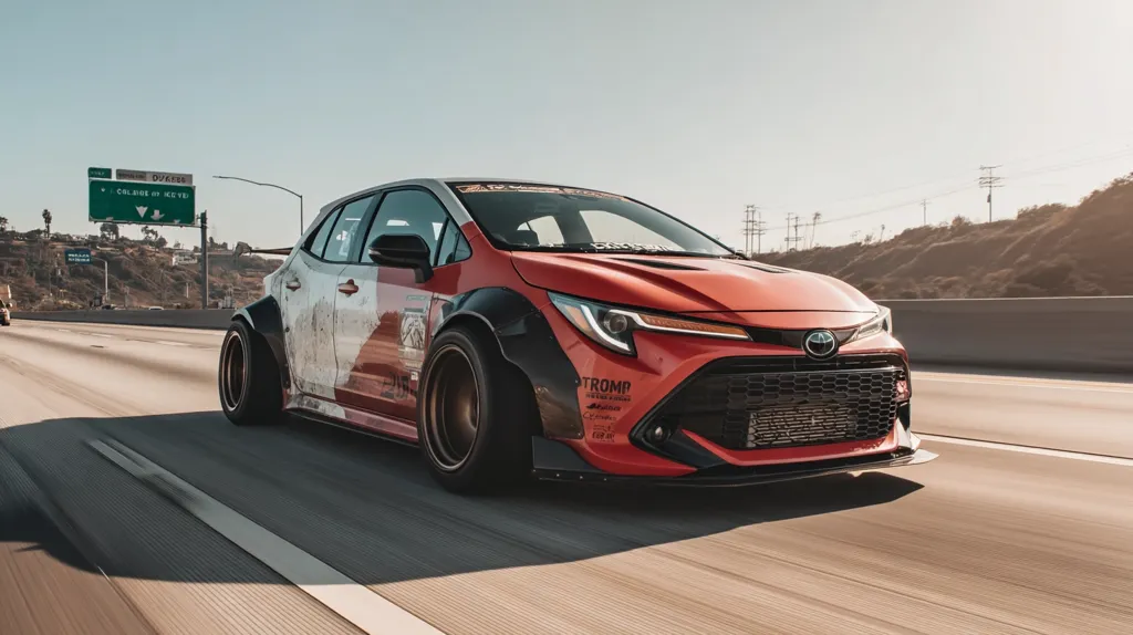 A heavily modified red Toyota Corolla hatchback speeds down a highway.  The car features wide body kits, custom bronze wheels, and a unique distressed paint job combining red and white.  The setting is sunny, with hills visible in the background and a highway sign in the distance. The car appears to be a custom build, showcasing aftermarket modifications.