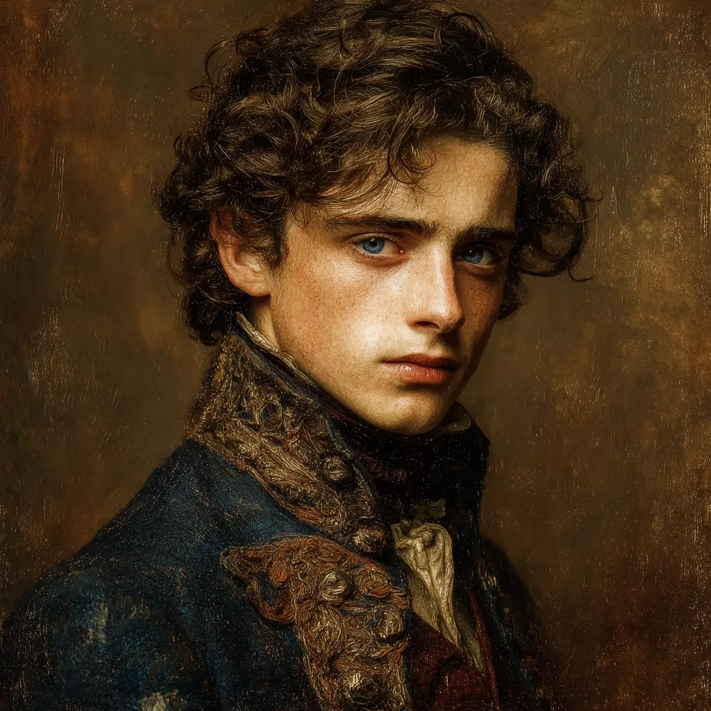 A young man with curly brown hair and striking blue eyes is depicted in a painting styled like a classical portrait. He wears a dark blue jacket with ornate gold detailing on the collar, suggesting a historical setting. His expression is serious and somewhat melancholic, creating a sense of depth and intrigue.  The rich, dark tones of the background enhance the subject's features and the overall dramatic effect.
