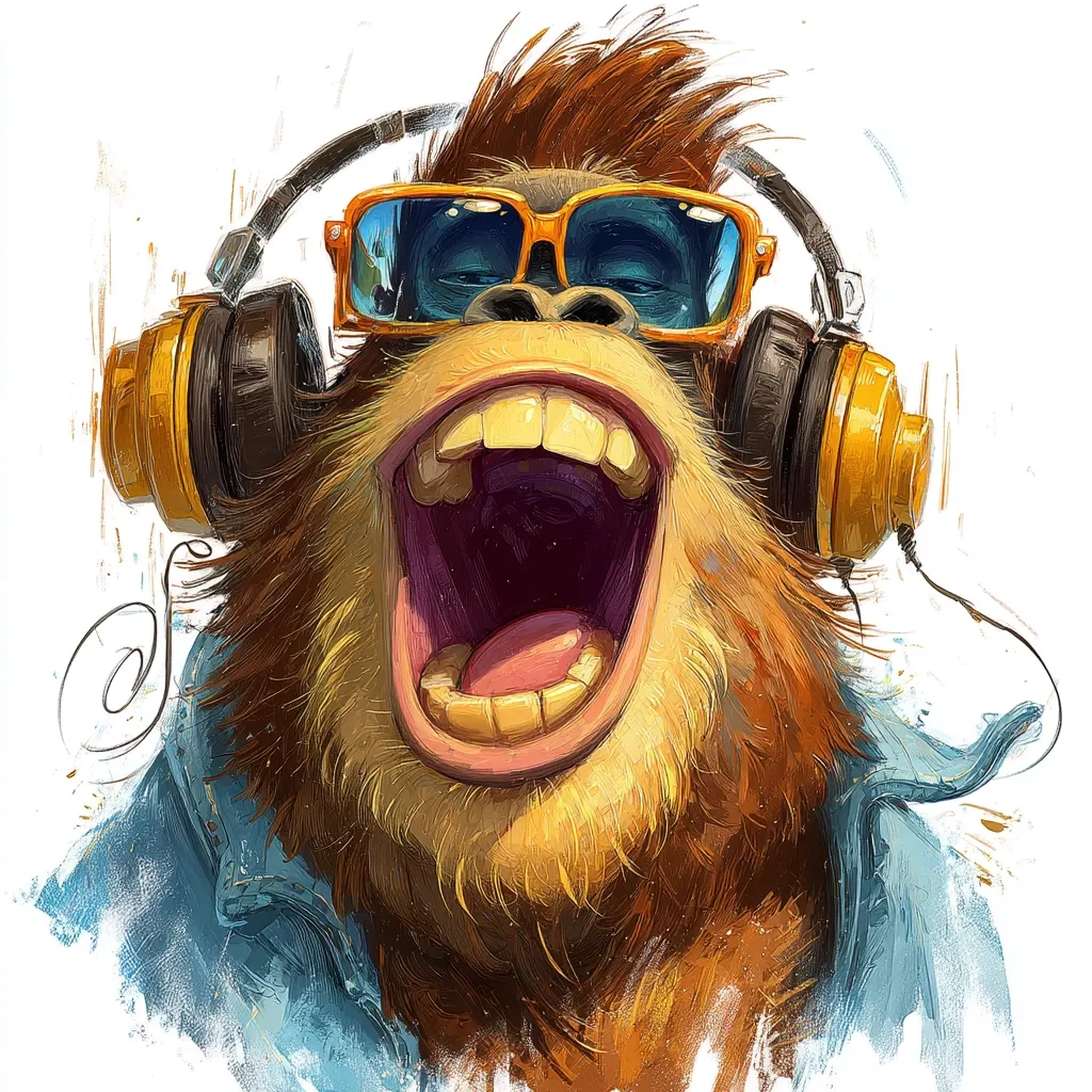 A vibrant digital painting depicts a stylized orangutan, wearing oversized yellow headphones and sunglasses. Its mouth is wide open in a joyous, almost operatic, yell.  The orangutan sports a denim jacket, adding to its cool, expressive character.  The style is painterly and expressive, with visible brushstrokes contributing to the artwork's energy and fun.