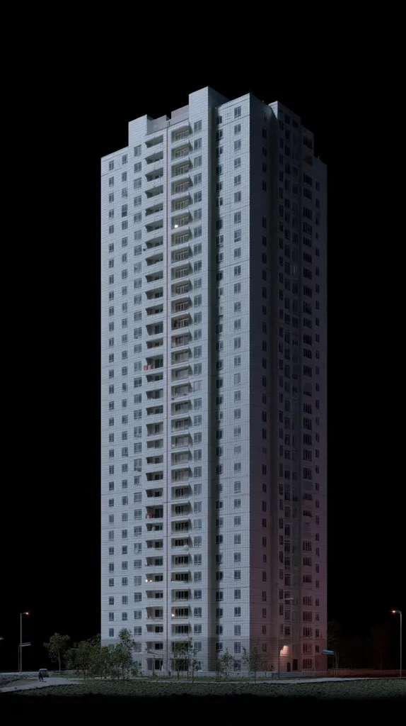 A tall, slender residential high-rise building stands illuminated against a stark black night sky.  The building's pale facade is punctuated by numerous windows, suggesting many apartments.  Sparse landscaping surrounds the base, and faint streetlights are visible in the distance, creating a somewhat lonely urban scene.  The overall impression is one of quiet solitude in a modern cityscape.