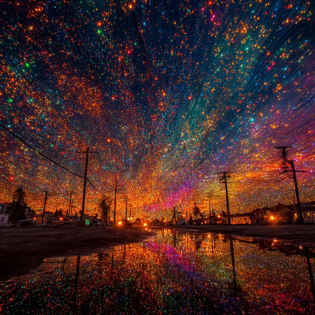 A long-exposure photograph captures a vibrant, star-like sky over a quiet residential street.  Multicolored lights streak across the night, creating a dazzling effect.  The lights are reflected in a puddle on the street, mirroring the celestial display. Utility poles line the street, adding to the scene's nighttime ambiance.  The overall impression is one of surreal beauty and otherworldly wonder.