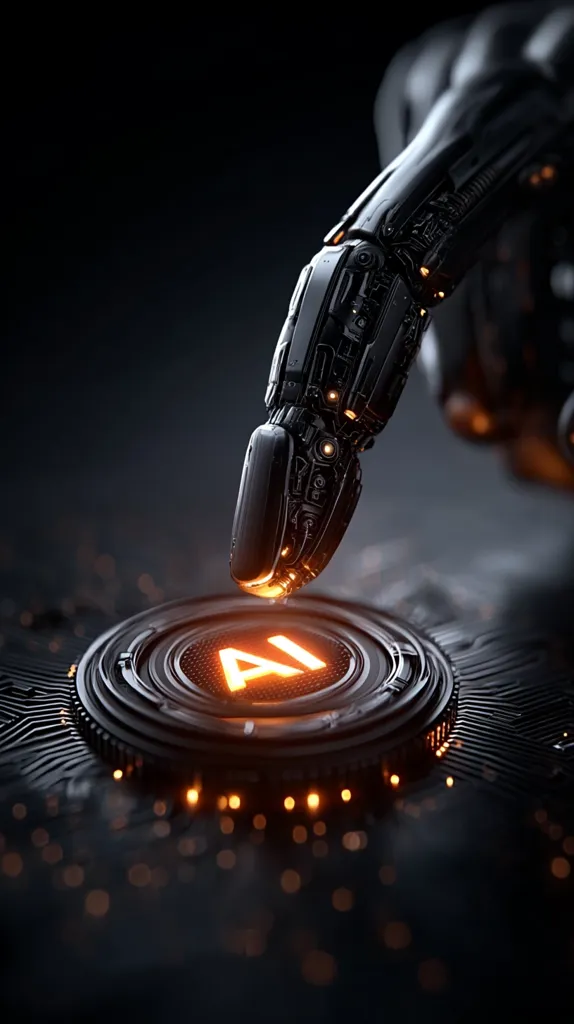 A robotic hand, meticulously detailed and dark metallic, descends to activate a circular button.  The button glows with an orange "AI" inscription, suggesting the activation of artificial intelligence.  The scene is dark and dramatic, highlighting the technological advancement.  Sparks and ambient light create a futuristic atmosphere.