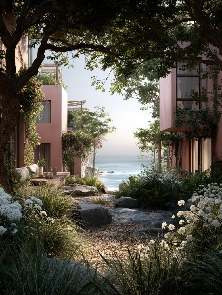 A serene coastal walkway nestled between two muted pink buildings. Lush greenery, including flowering plants and grasses, lines the gravel path, leading to a tranquil ocean view.  Large rocks are interspersed among the vegetation, enhancing the natural feel.  Overhanging trees provide shade, creating a peaceful and secluded atmosphere.