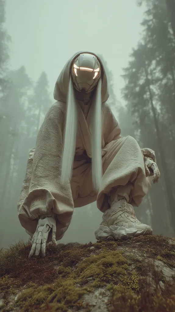 A futuristic figure, clad in a beige hooded robe and advanced robotic gloves, kneels on a moss-covered rock.  The figure's face is obscured by a gleaming helmet with glowing accents.  Long white hair cascades down their back. The misty, forested background enhances the surreal and mysterious atmosphere.  The overall image blends elements of fantasy and science fiction.