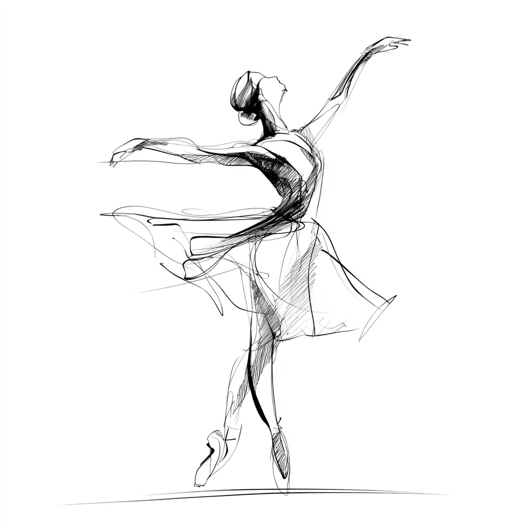 A stylized ink drawing of a ballerina en pointe.  Her arms are outstretched, and her tutu flows dynamically around her. The sketch captures movement and grace, with expressive lines suggesting the fluidity of ballet.  The ballerina's pose is elegant and poised, showcasing the athleticism of the dance form. The overall style is expressive and evocative rather than strictly realistic.