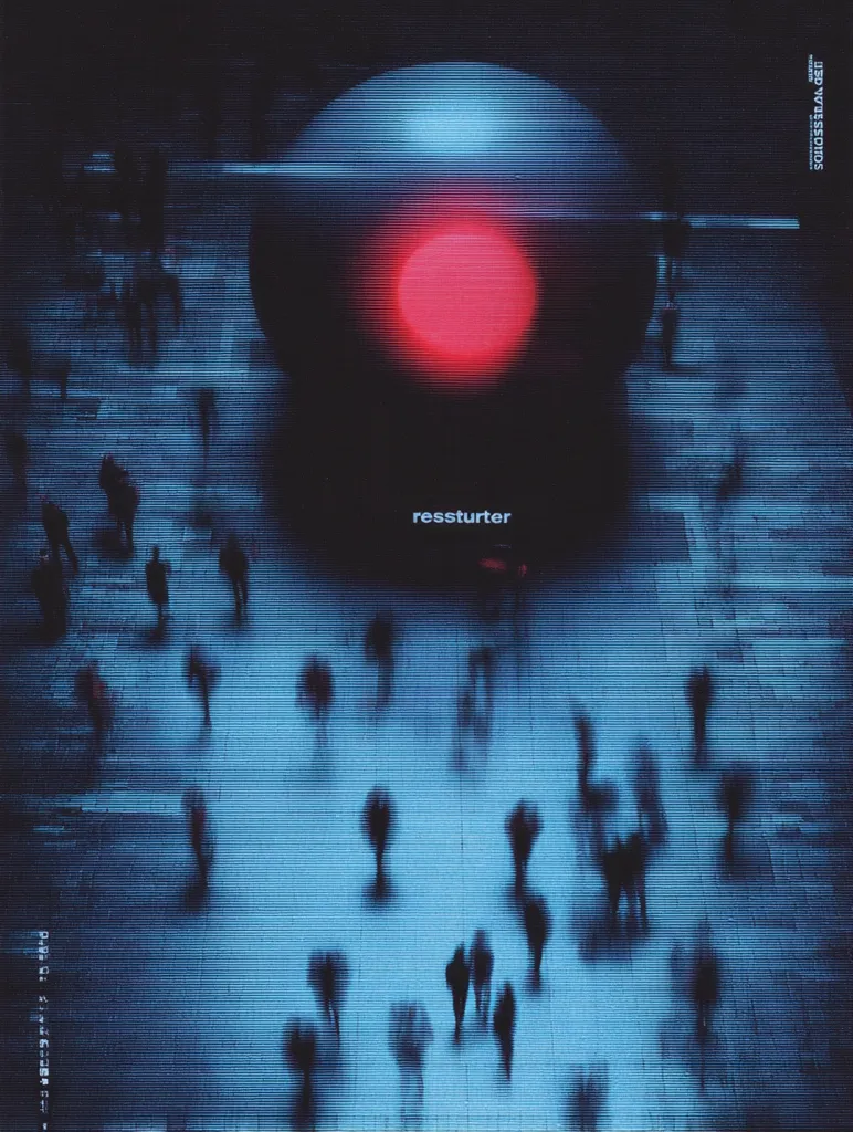 A stylized image depicts a large, dark sphere with a bright red center, positioned centrally in a plaza.  Blurred figures of people are scattered across the blue-toned ground, creating a sense of movement and anonymity.  The word "resssturter" is displayed below the sphere, adding an air of mystery. The overall aesthetic is dark, futuristic, and slightly distorted, reminiscent of a glitch art effect.
