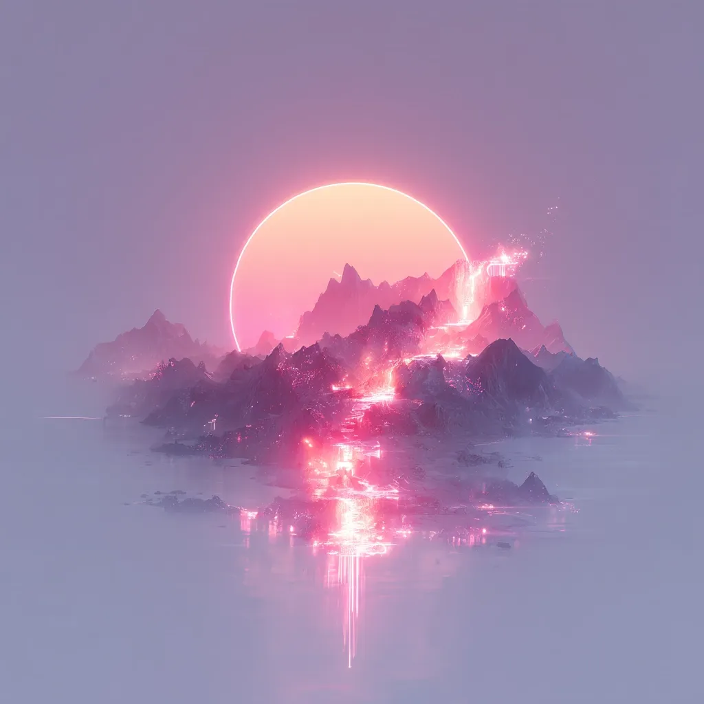A surreal landscape features a pink, glowing sun-like orb behind a cluster of mountains.  A vibrant pink, energy-like waterfall cascades down the mountains, reflecting in a calm, misty body of water below. The overall aesthetic is dreamy and otherworldly, with a blend of soft pastel hues and neon accents.  The scene evokes a sense of tranquility and magical energy.