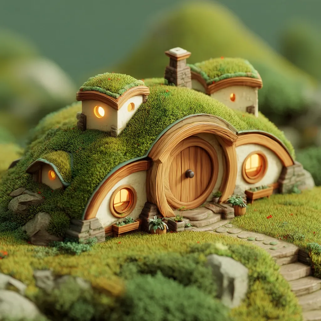 A whimsical hobbit-hole nestled into a grassy hillside.  The round door and arched windows glow with warm light.  The roof is covered in lush green moss, and small plants adorn the stone steps leading to the entrance.  The scene is idyllic and evokes a sense of cozy fantasy.  A chimney tops the dwelling, adding to its charming character.
