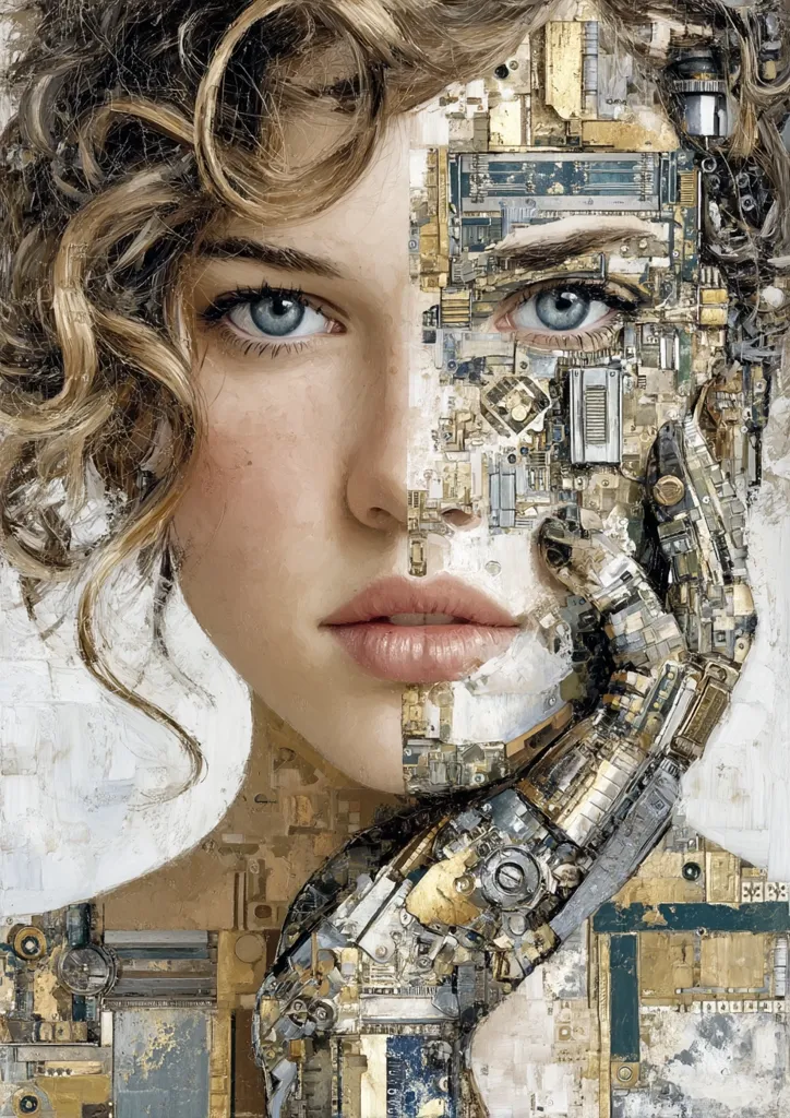 A captivating portrait seamlessly blends a woman's serene face with intricate clockwork mechanisms.  Her curly blonde hair contrasts with the metallic textures of gears and circuits that compose half her visage, suggesting a fusion of organic beauty and technological precision.  The artwork's palette is muted yet rich, creating a visually stunning exploration of the human-machine interface.  The woman's expression is contemplative, inviting viewers to consider the implications of this compelling juxtaposition.