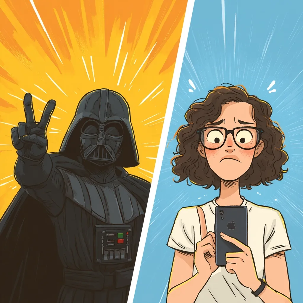 The illustration juxtaposes Darth Vader, from Star Wars, displaying a peace sign against a vibrant yellow background, with a young woman expressing a concerned look while holding a smartphone on a light blue background.  The contrasting styles and moods highlight the unexpected juxtaposition of pop culture iconography and everyday anxieties. The woman seems apprehensive, possibly due to a message or notification on her phone.