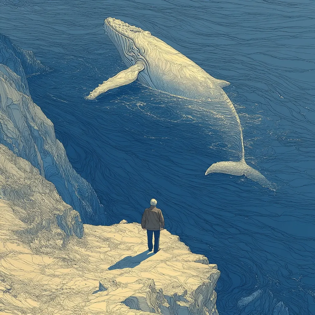 A stylized illustration depicts a lone figure standing on a cliff overlooking the ocean.  A large, pale whale swims gracefully in the deep blue water below, its body rendered in intricate linework. The overall style is reminiscent of a detailed pen-and-ink drawing, with a serene and contemplative atmosphere. The contrast between the man's small scale and the whale's immensity emphasizes the vastness of the ocean.